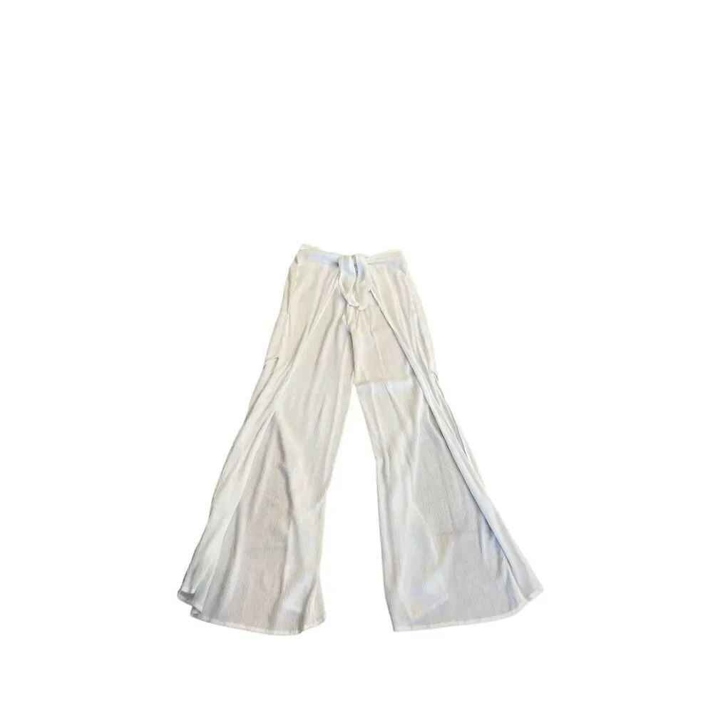 Kona Sol Women's Tie Front Side Split Crinkled Swim Cover Up Pants White Small
